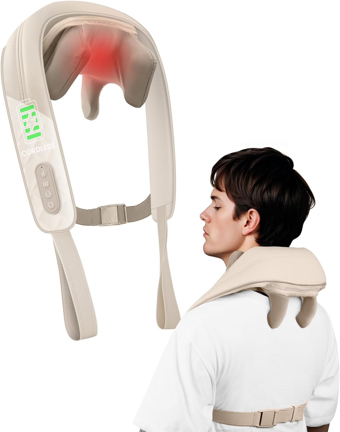 Cordless Neck Massager with Heat, Kneading Neck and Shoulder Massager Deep Tissue, Shiatsu Back Pillow, 2 Heating Levels,Gifts for Mom Dad