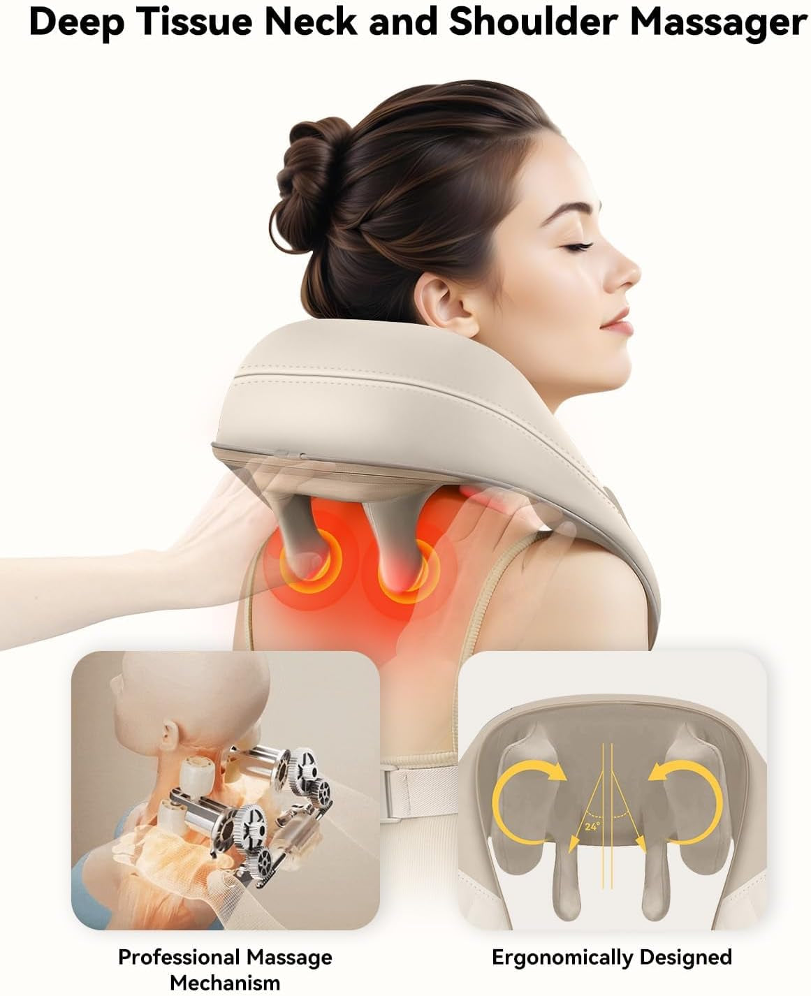 Cordless Neck Massager with Heat, Kneading Neck and Shoulder Massager Deep Tissue, Shiatsu Back Pillow, 2 Heating Levels,Gifts for Mom Dad